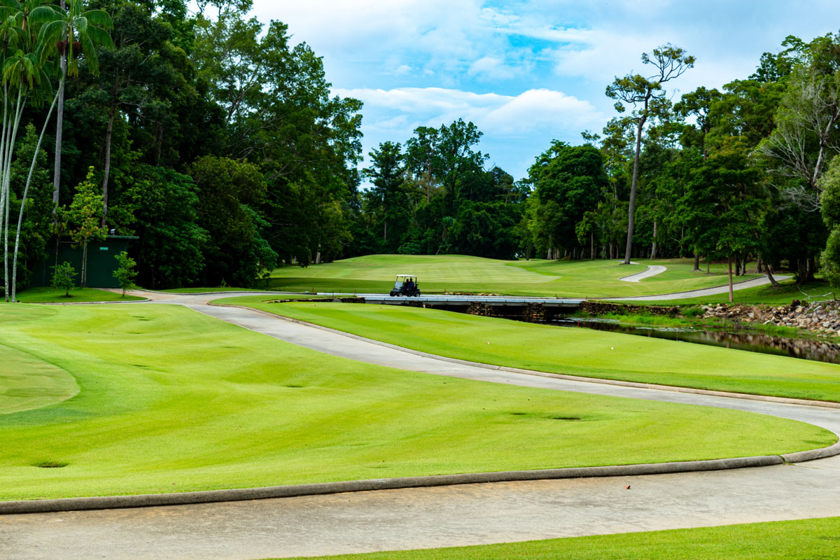 The lush green fairways and the surrounding tropical rainforest create a breathtaking backdrop, making it a golfer's paradise