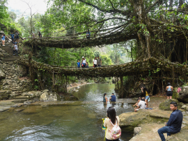 Meghalaya, India. 19 April 2021. Tourists at the double decker living root bridge amid COVID-19 coronavirus pandemic, in Nongriat village in Northeastern India state Meghalaya.