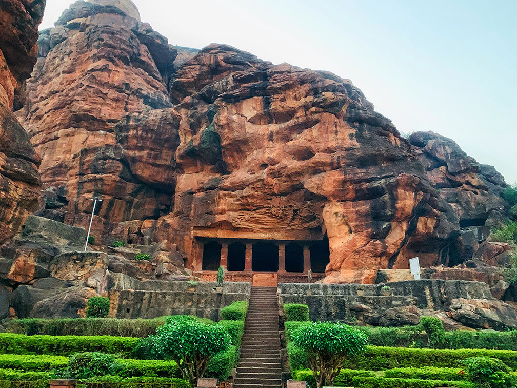An early morning view of the gorgeous Badami Caves