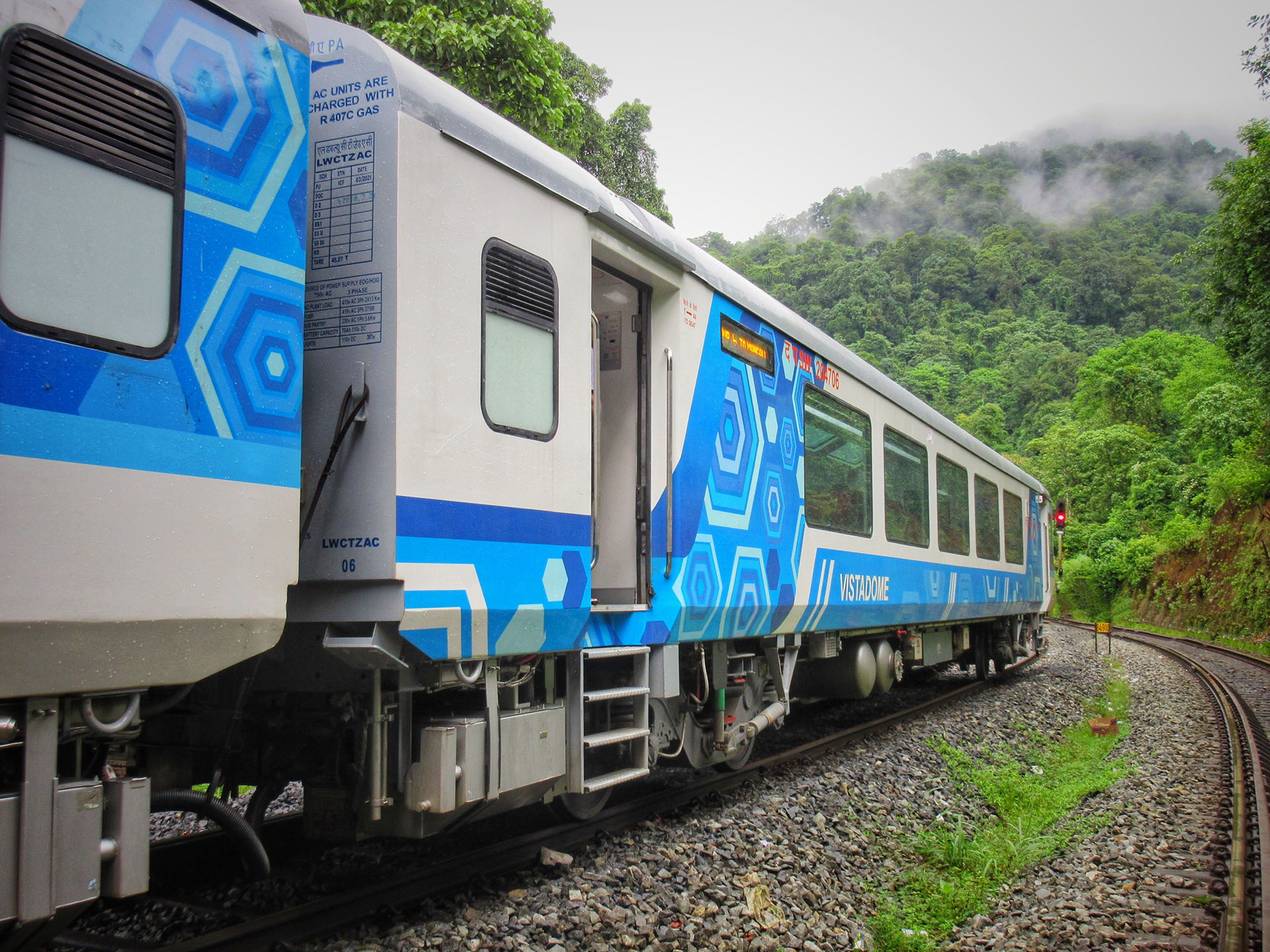 Indian Railways' Vistadome carriage against the beautiful Western Ghats