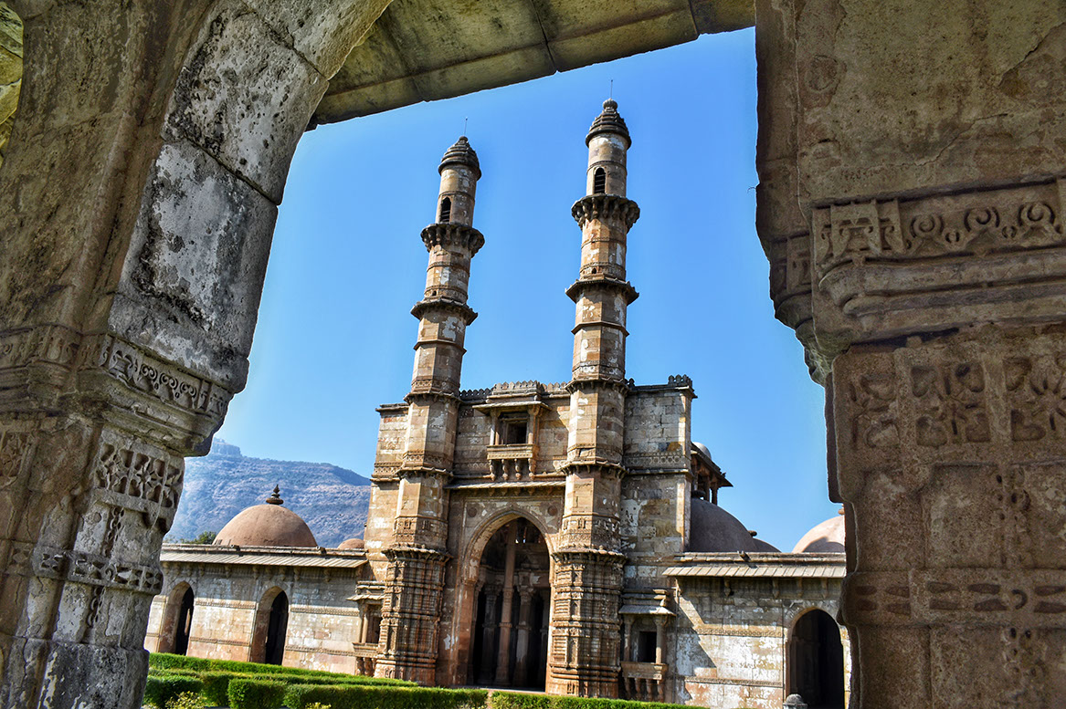 The tall minarets from the corridor outside of Jami Masjid in Champaner