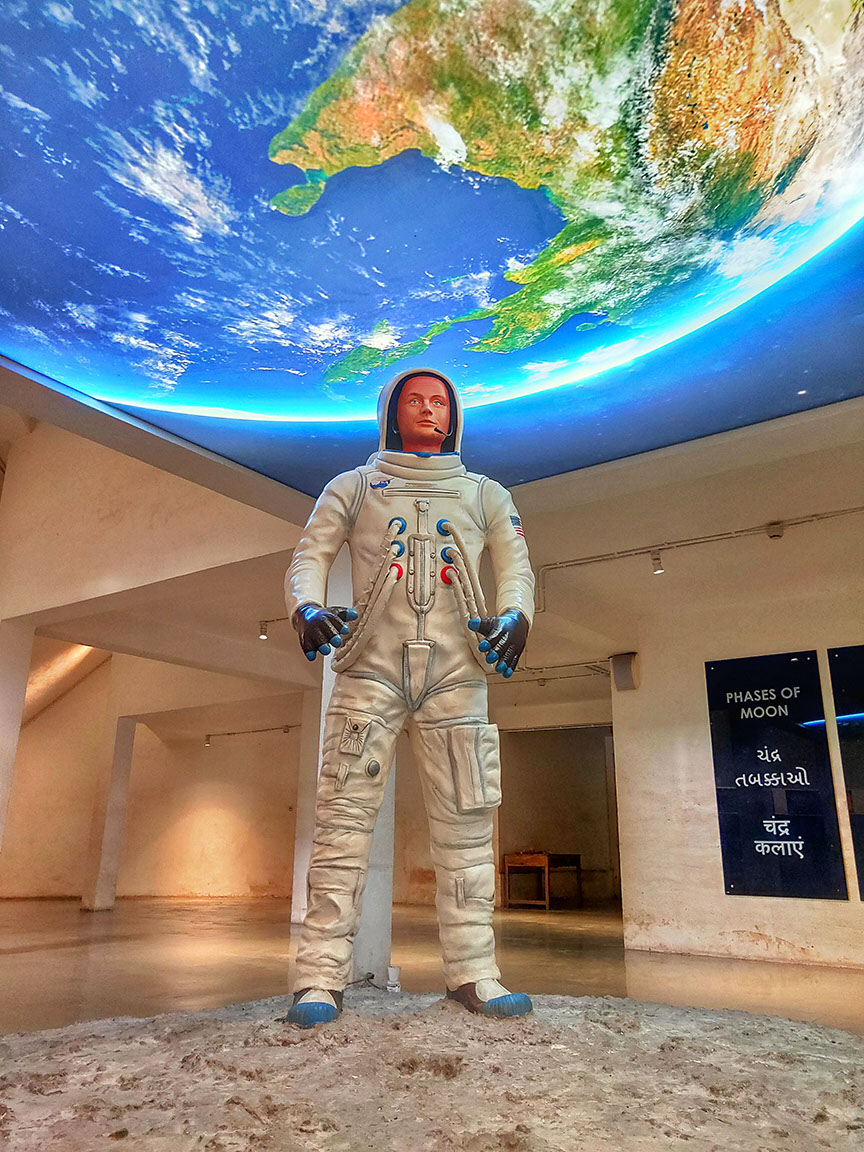 Inside exhibits showcase various events in space at Sayaji Baug planetorium