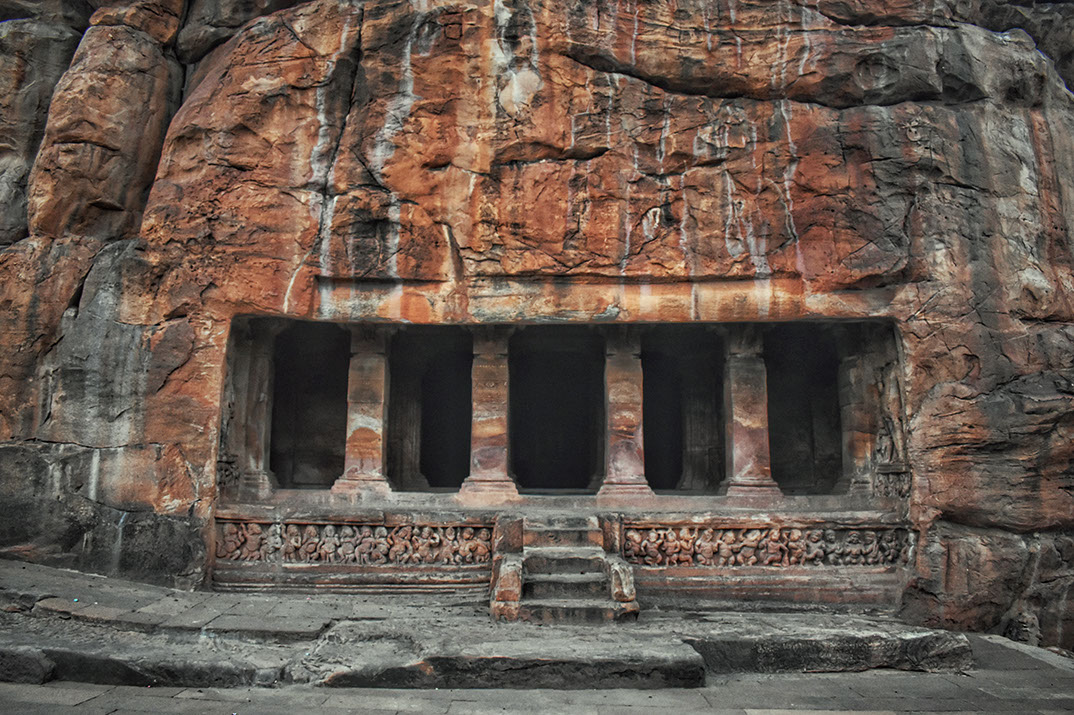 Badami's second cave temple with two dwarapalakas on the sides