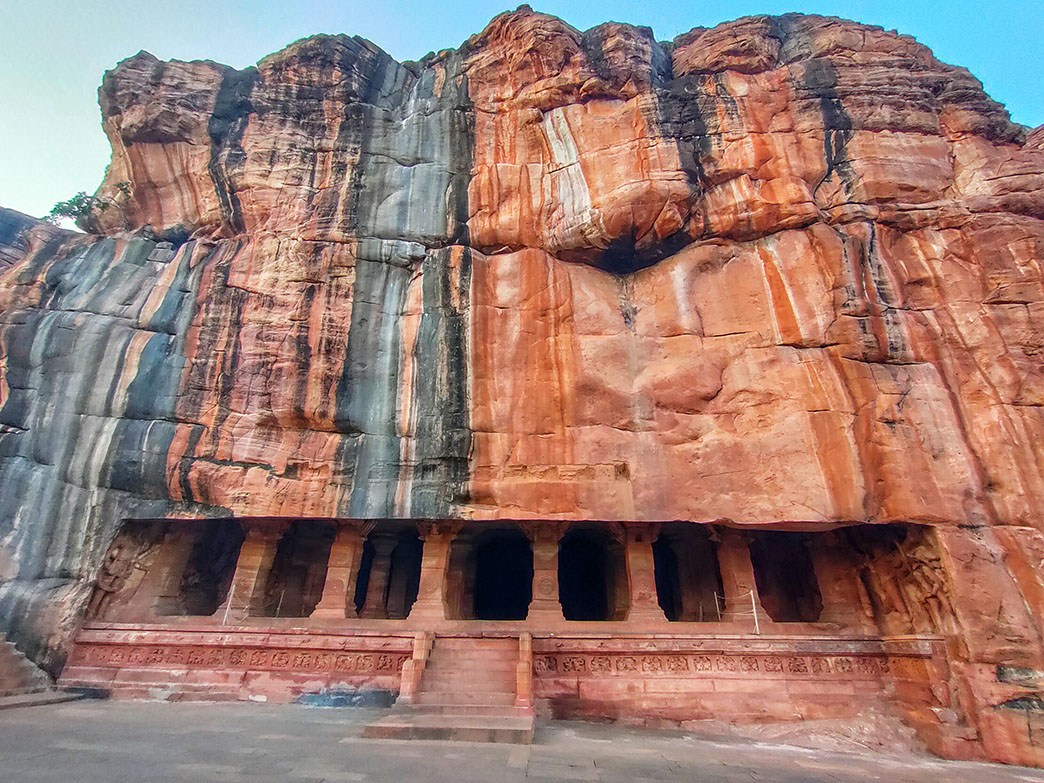 Panoramic front view of the third Badami cave temple dedicated to Lord Vishnu