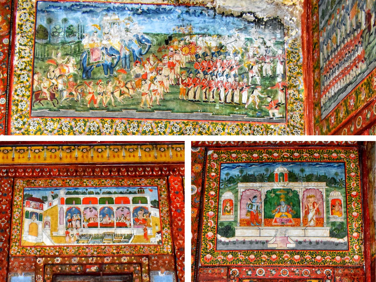 Mural depictions of Maratha war and Ganesh Chaturthi celebrations in Tambekar Wada