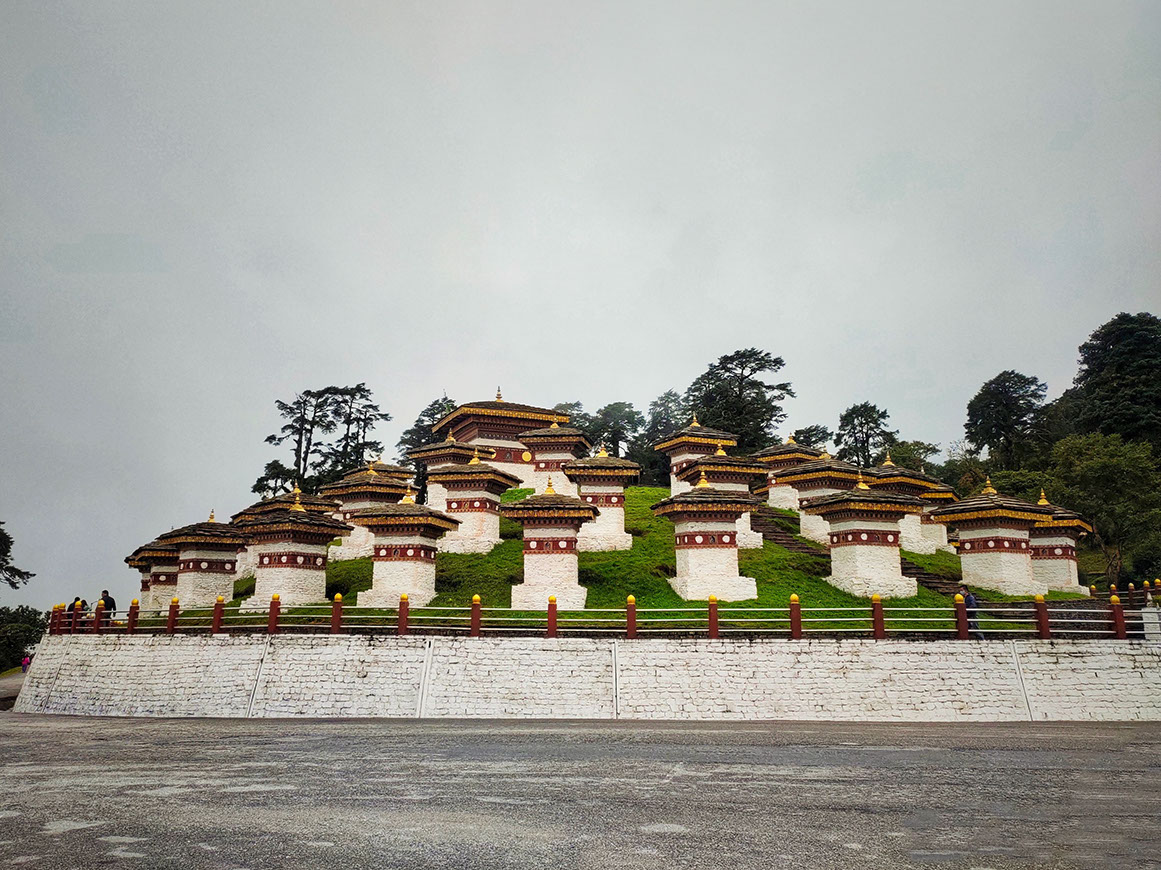 Dochula Pass in Bhutan is surrounded by Himalayan mountains 