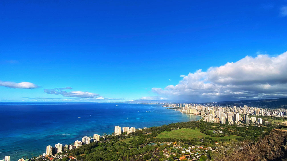 Panoramic view from Diamond Head, the site of luakini heiau (Hawaiian sacred place)