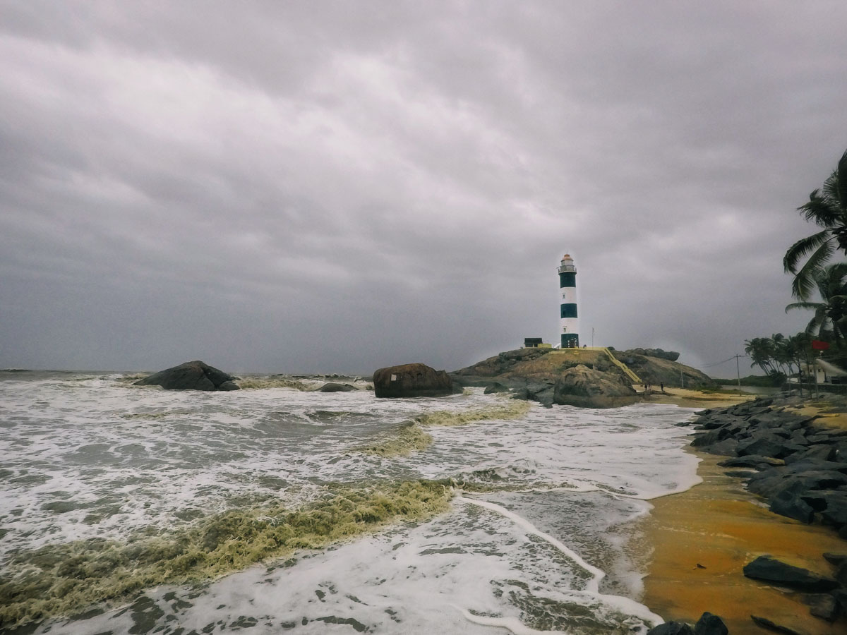 The famous lighthouse on a rock platform at Kapu Beach