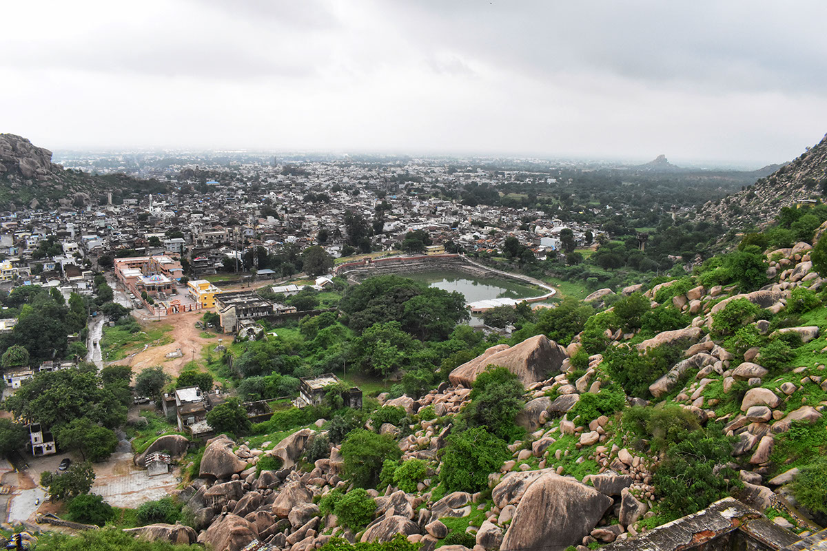 Panoramic view of Idar city from the balcony of Daulat Mahal in Idar, Gujarat