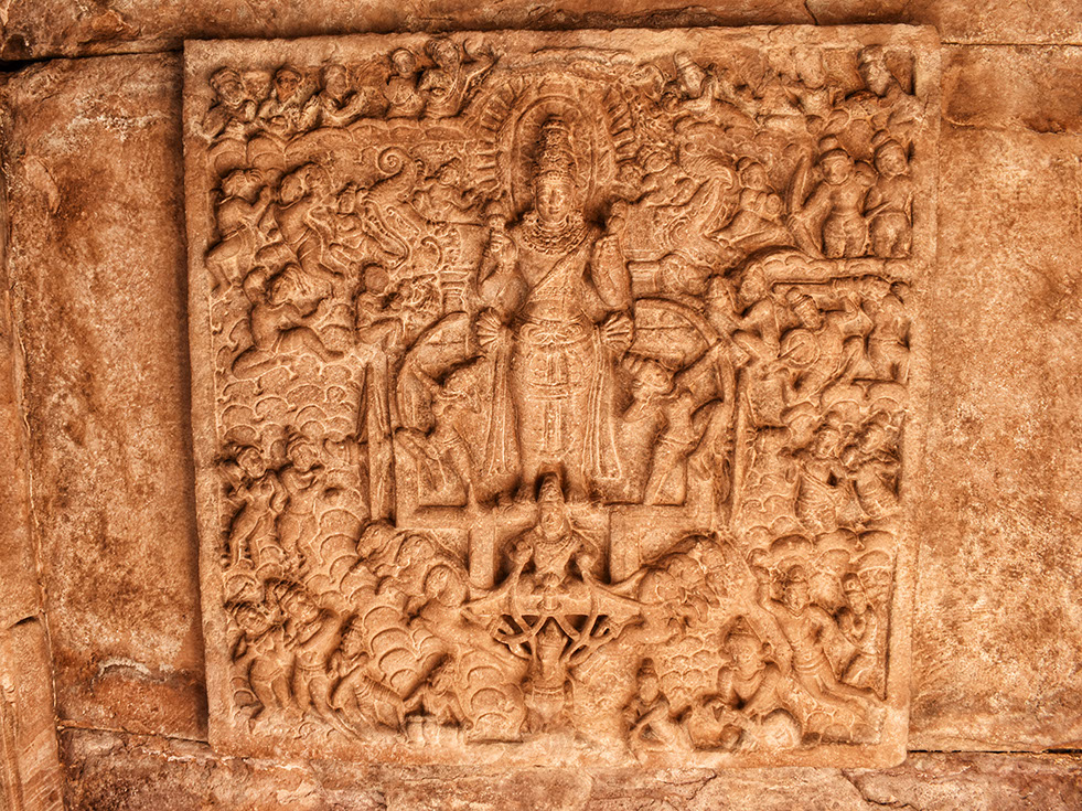 The sculpture of Lord Surya on his chariot on the ceiling of Virupaksha temple