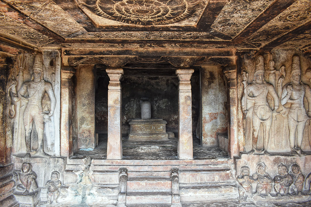 The walls and ceiling inside the Ravanapadi temple in Aihole