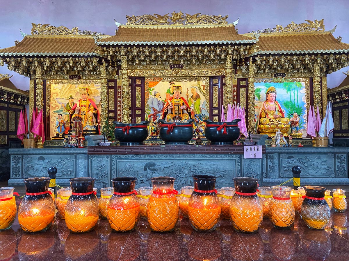 A vibrantly decorated interior of Tean Hou Temple in Langkawi