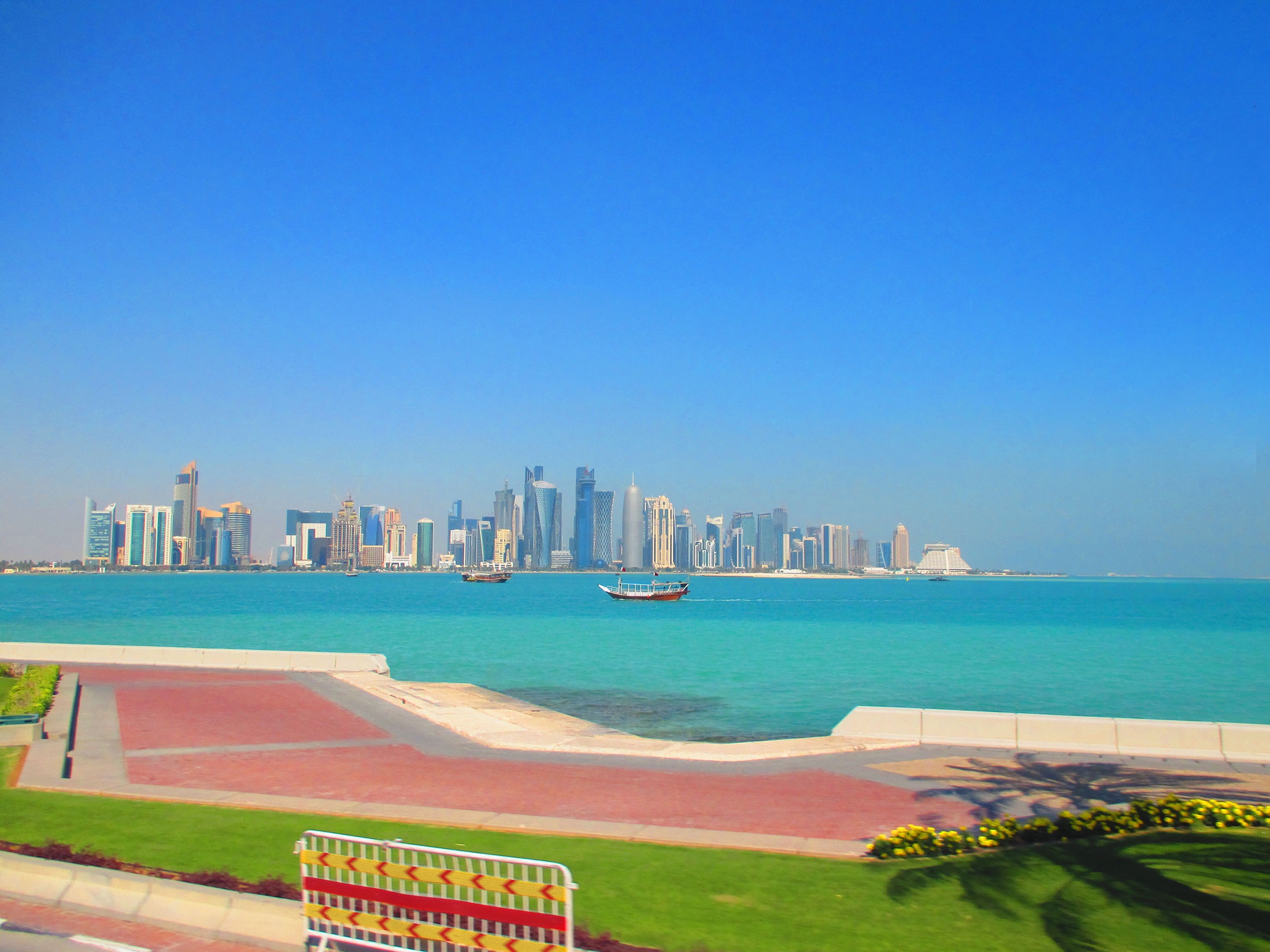 View of Doha's skyline from Corniche Road in the morning