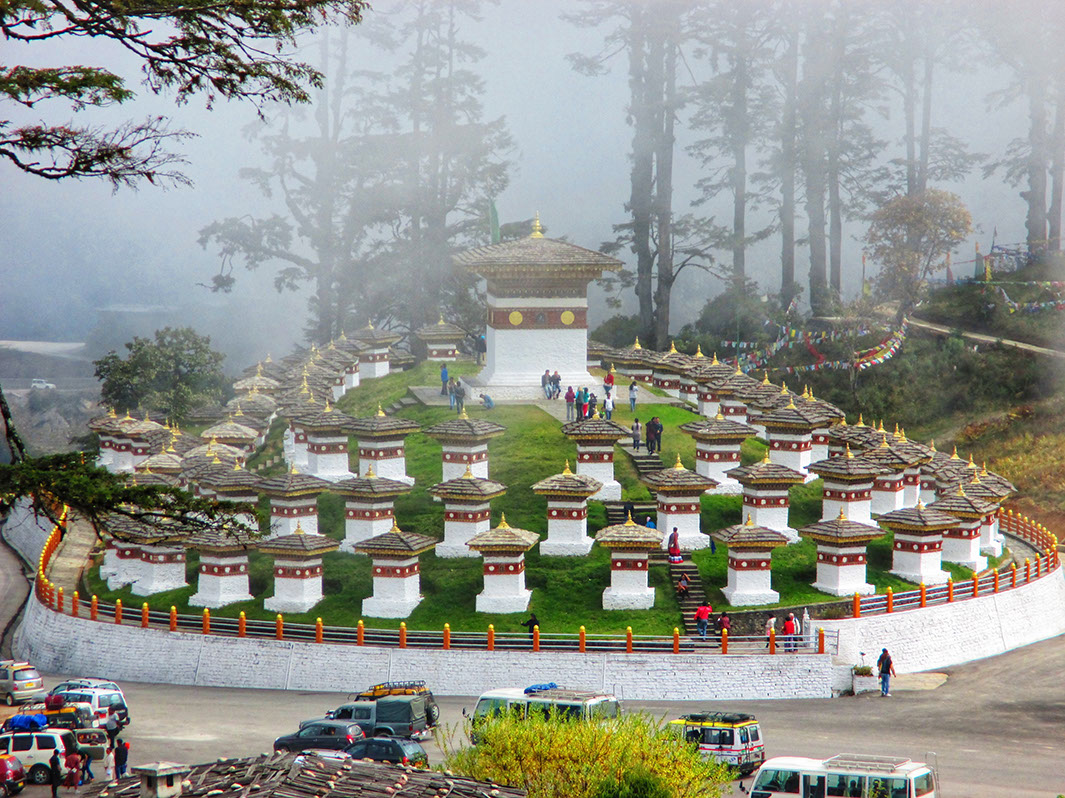 The sight 108 chortens at Dochula for sacrifice of the martyred Bhutanese soldiers
