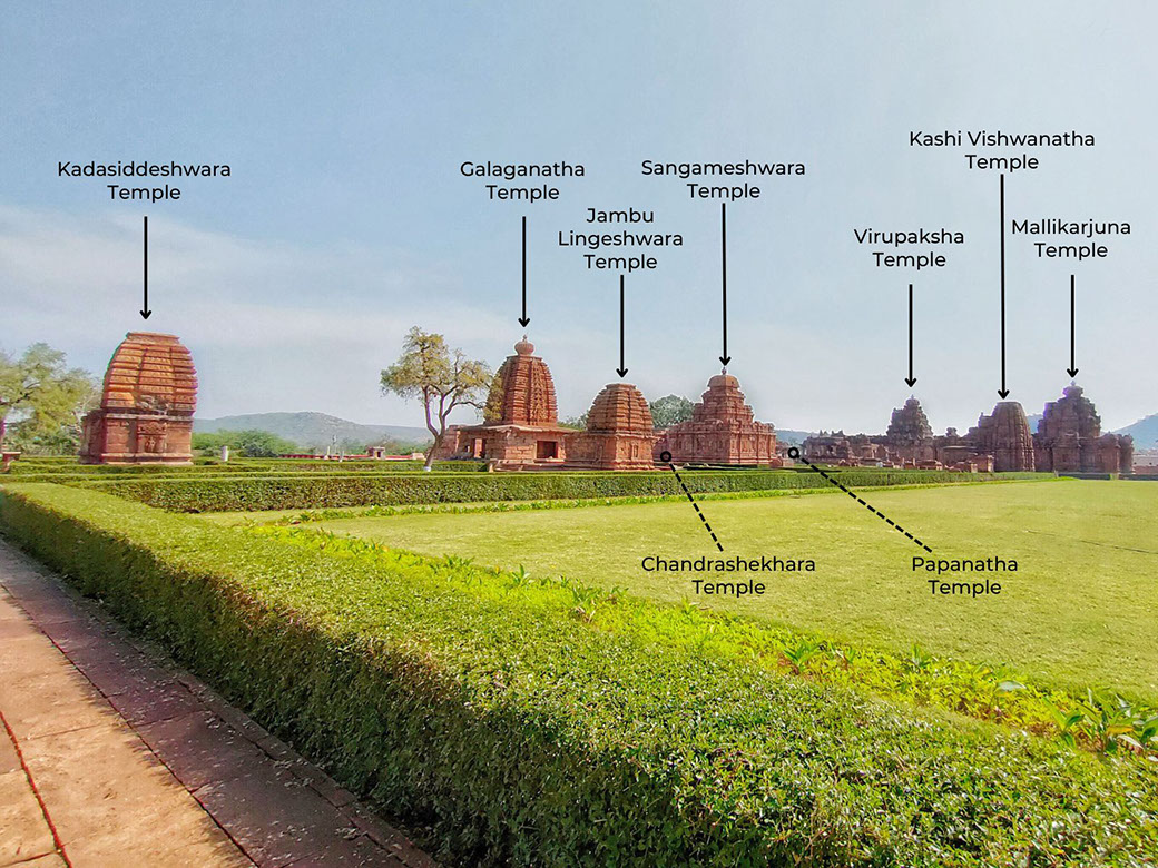 Panoramic view of Hindu temples in Pattadakal heritage sanctuary