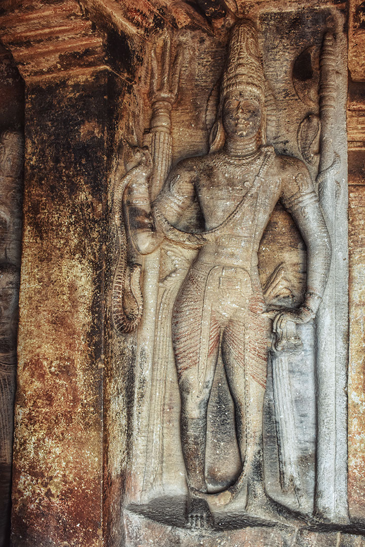 The statue of Harihara, half Vishnu and half Shiva in Aihole