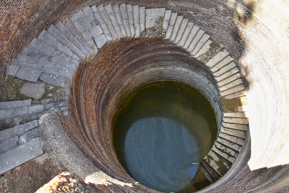 A view from above of the Helical Stepwell with spiral stairs in Champaner ancient city