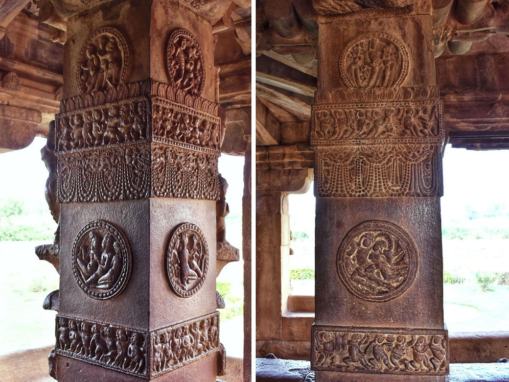 Decorative pillars depicting happy couples in Aihole Durga temple