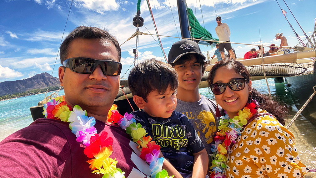 Family enjoying the Catamaran Waikiki Cruise before it embarks on the Waikiki sail