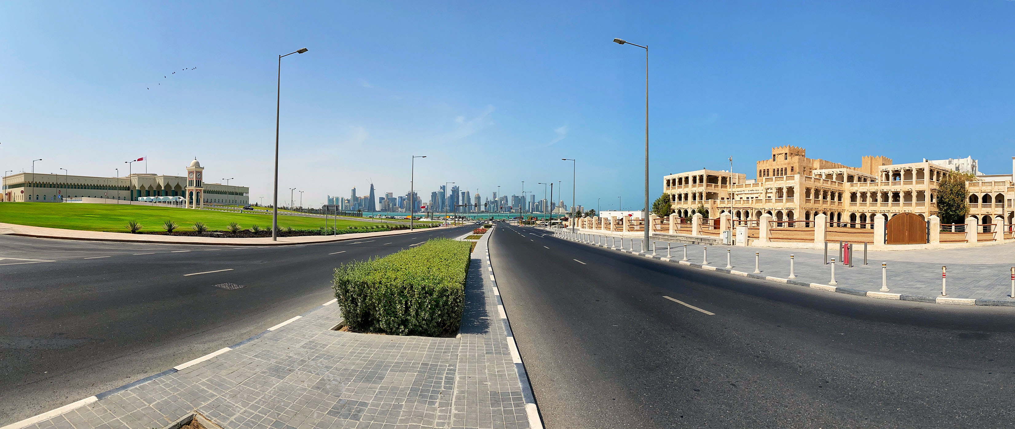 Panoramic view from Corniche Road with Amiri Diwan and Souq in Doha, Qatar