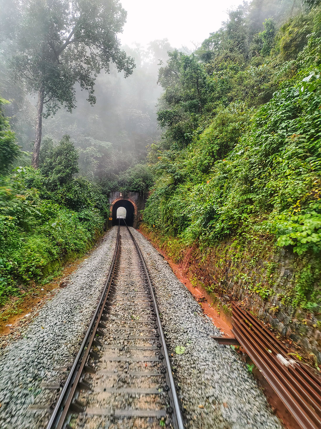One of the 57 tunnels with green mountains and foggy weather
