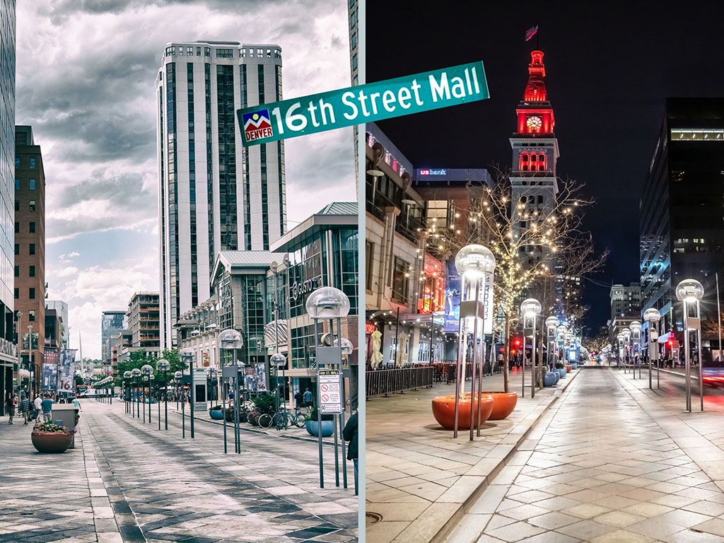 Day or night, 16th Street Mall in Denver is full of character
