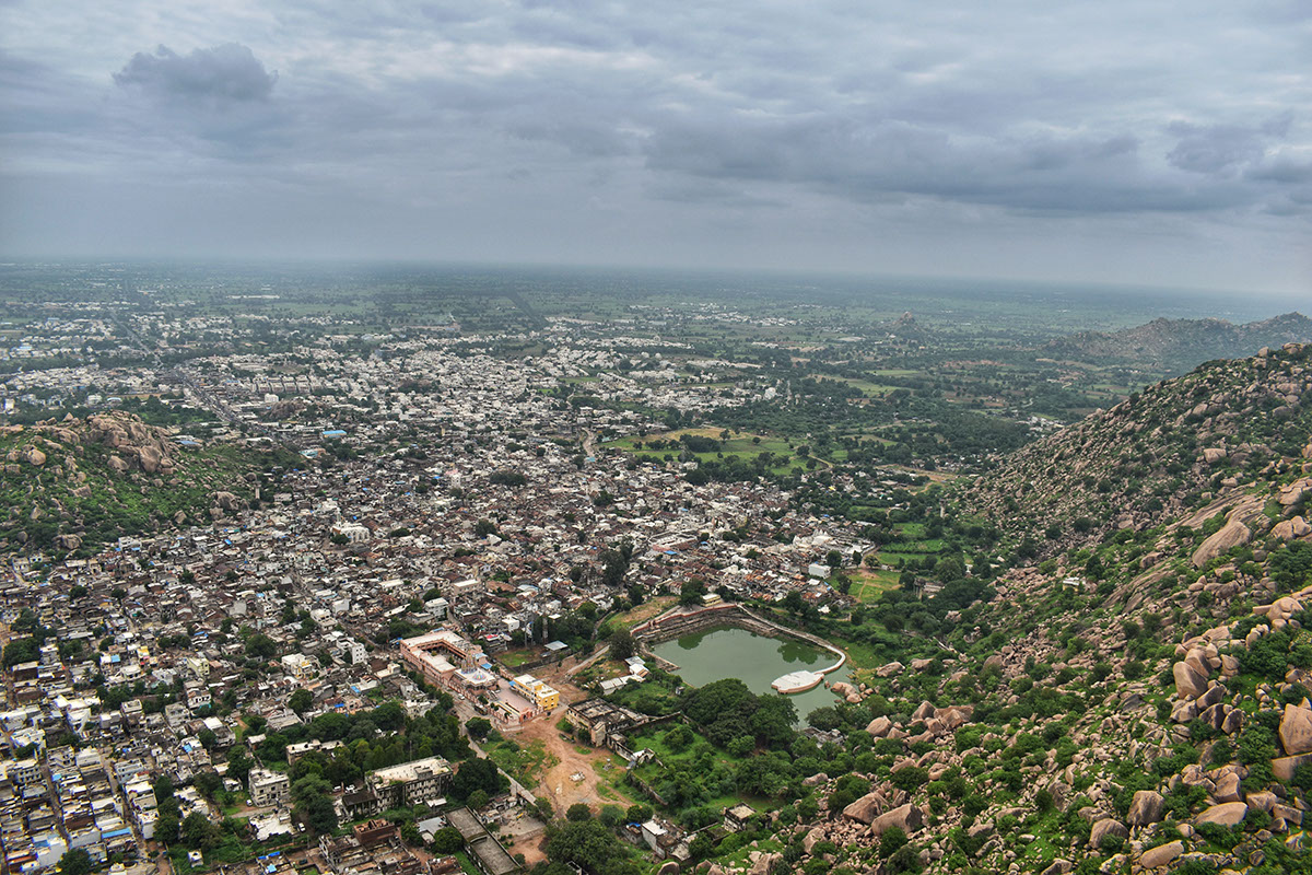 An aerial view of Idar city surrounded by the Aravalli mountains of Gujarat