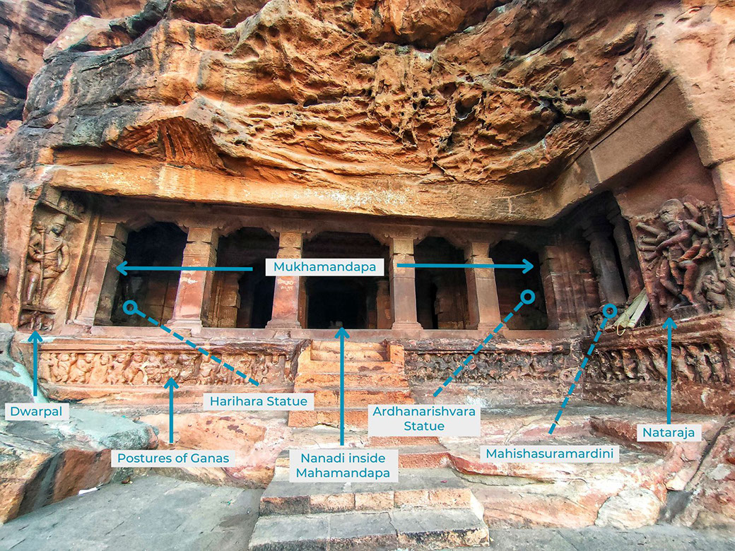 The first cave temple in Badami with various postures of "ganas"