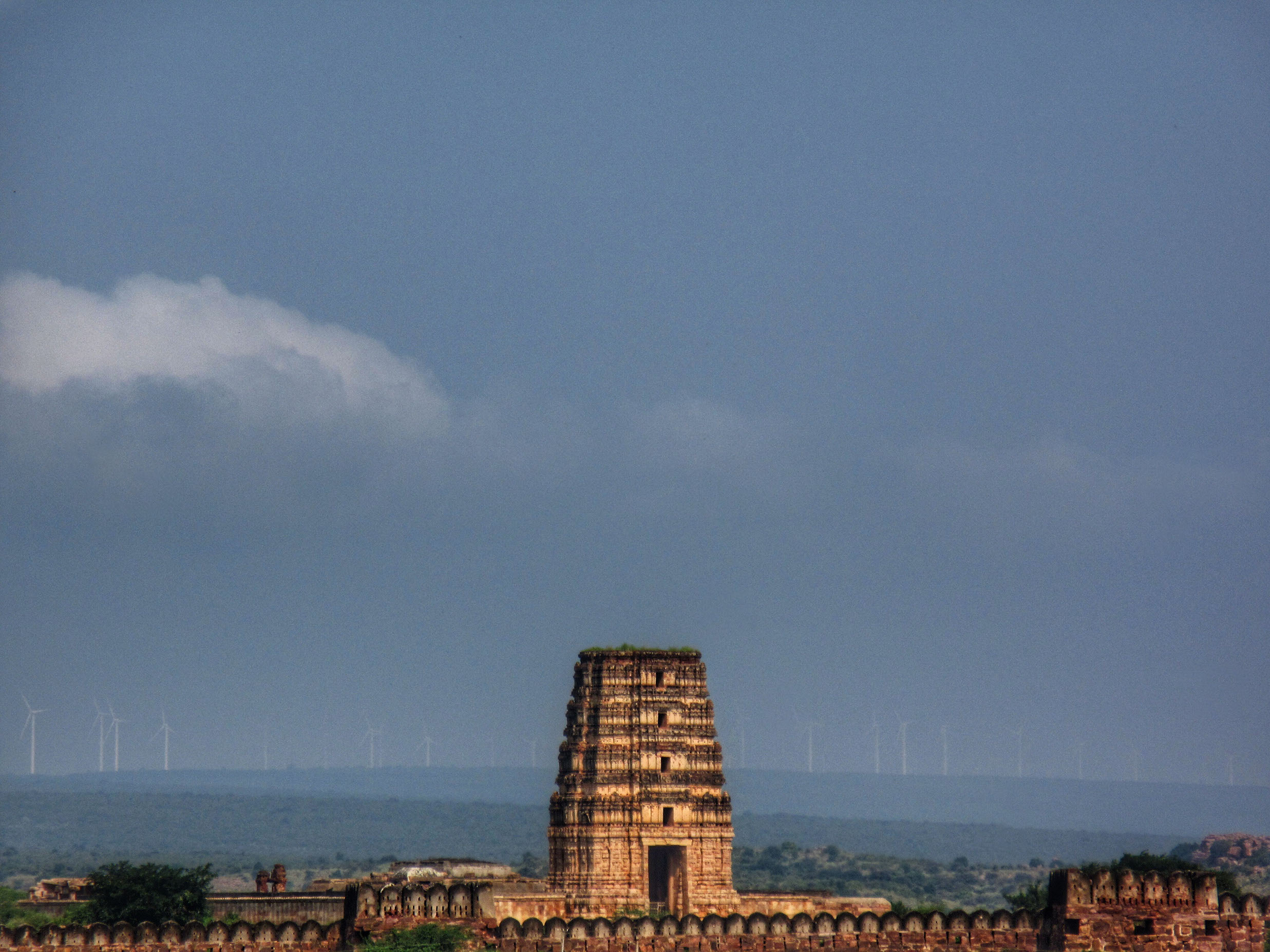 A panoramic view of Gandikota Fort and Temple from the terrace of Haritha Resorts in the backdrop of vastly spread windmills.