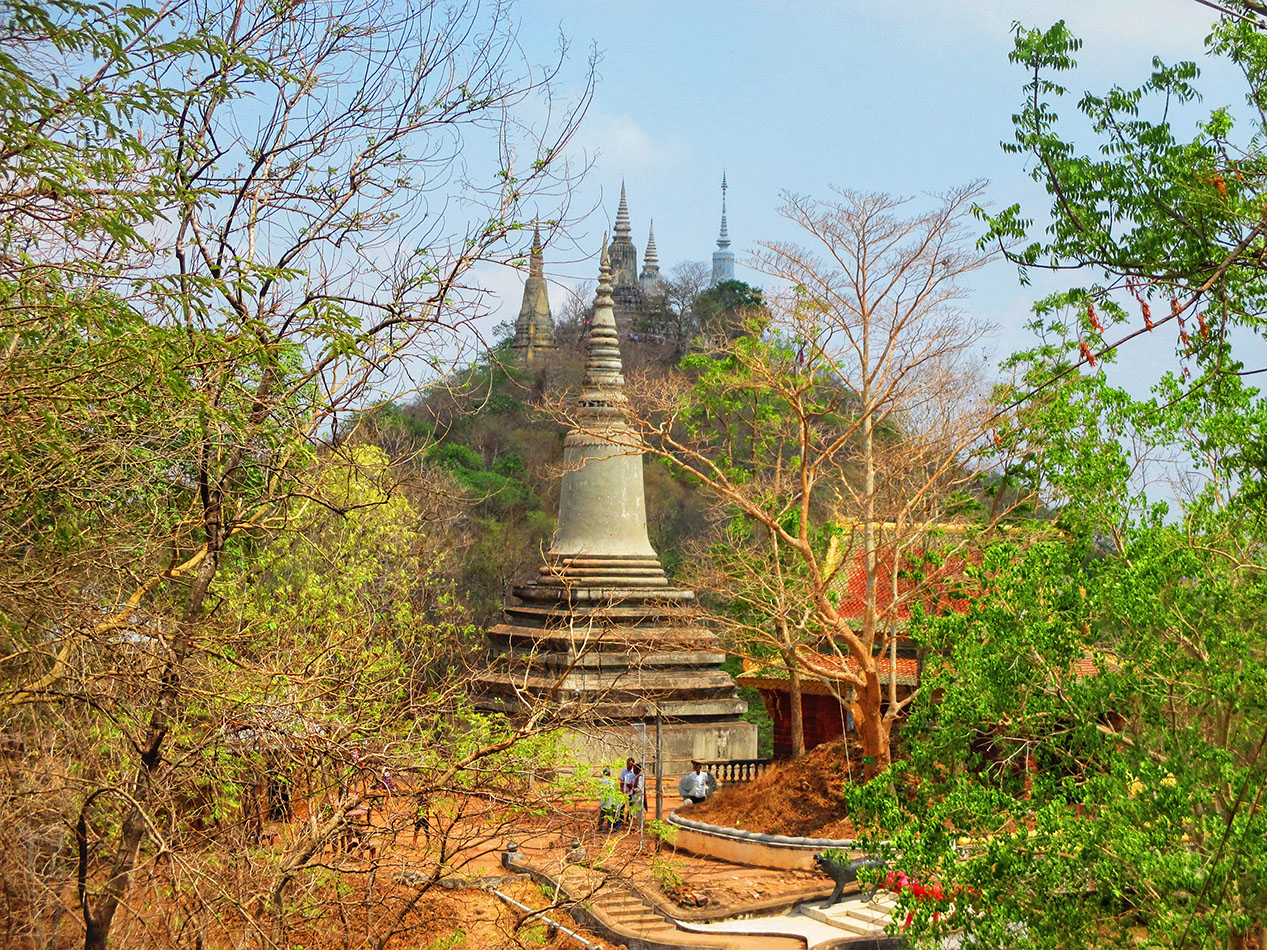 A beautiful landscape view of the stupas as seen from the top of the Oudong Mountain