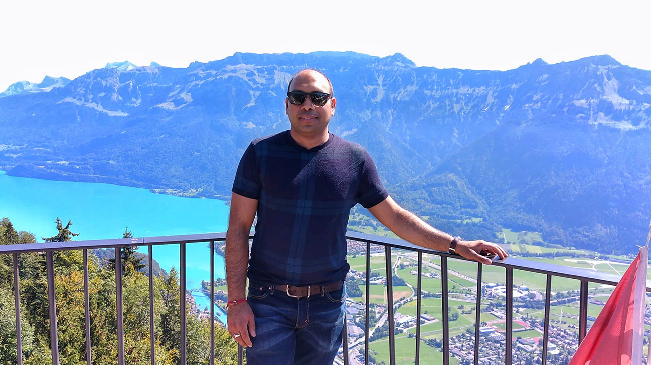A picture against this picture perfect view at Interlaken in Switzerland