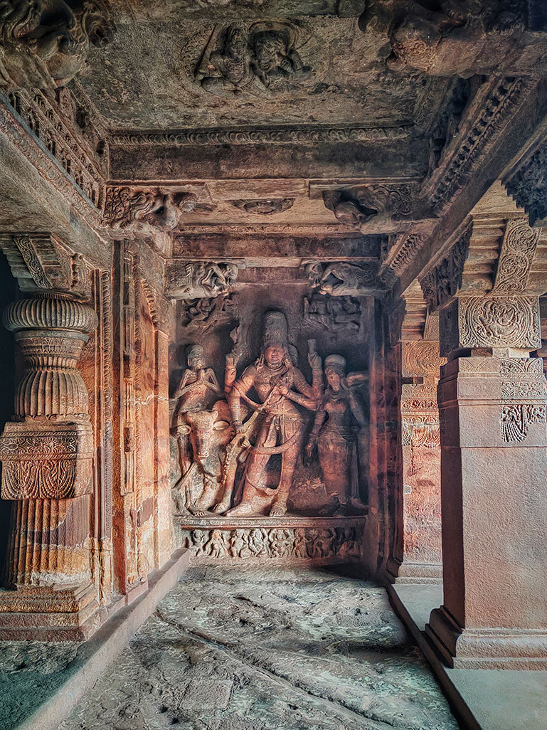 Ardhanarishvara carving inside Badam cave temple