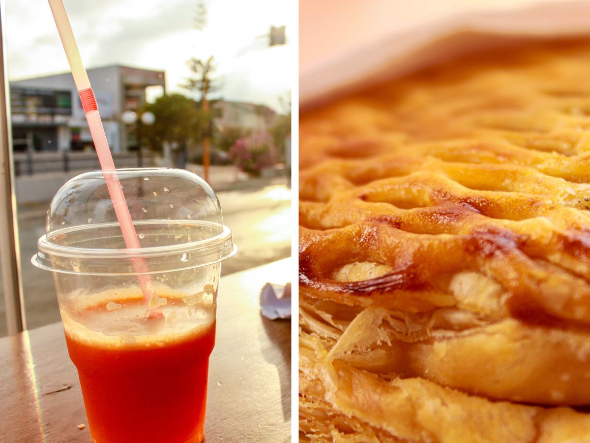 Fresh orange juice and ham-pastry at a Chania cafe