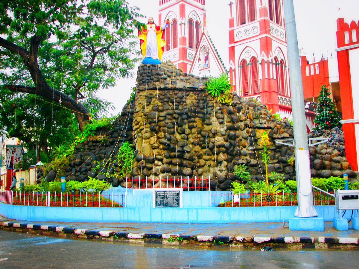 The Grotto of The Sacred Heart Basilica stands out from the main road