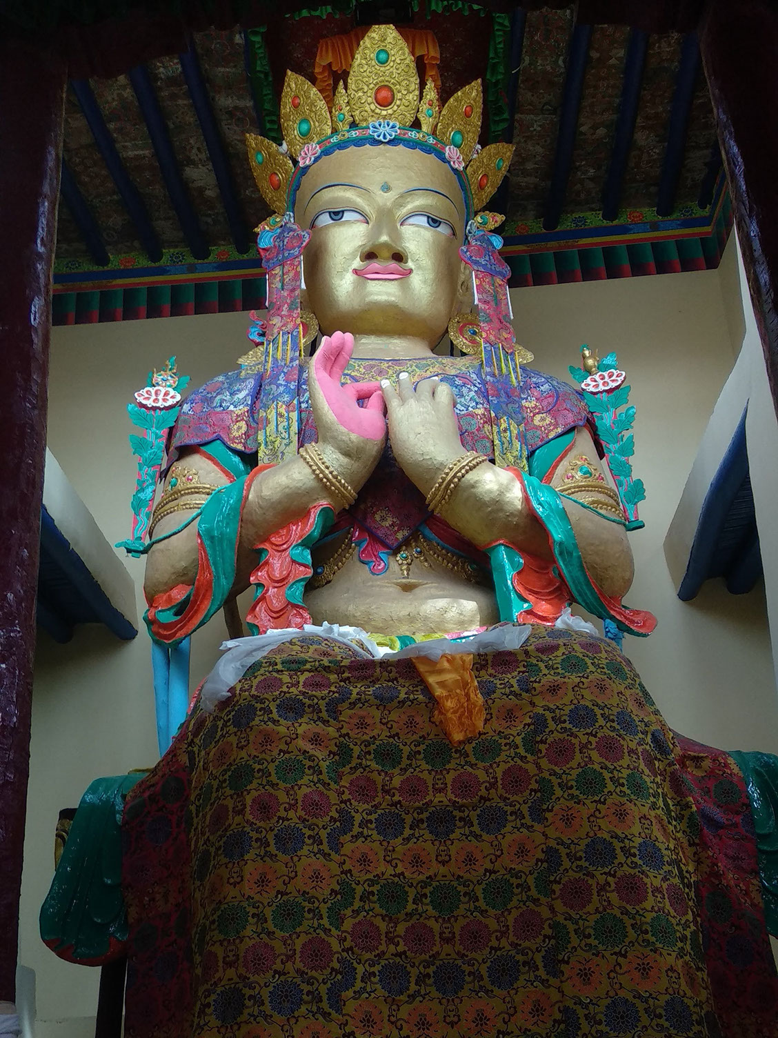 The three-story high gold statue of Maitreya Buddha in Tsemo Monastery