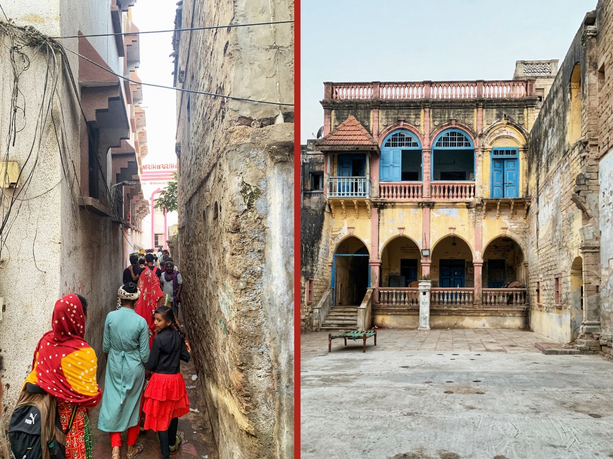 A narrow alley and an old house in the city of Dwarka