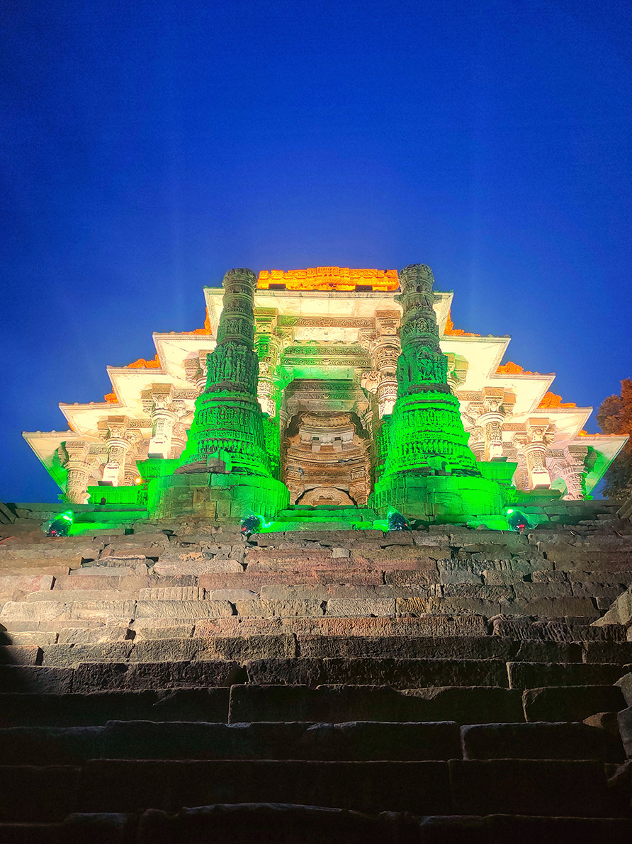 A beautiful Kirti Toran lit up at night in Modhera Sun Temple