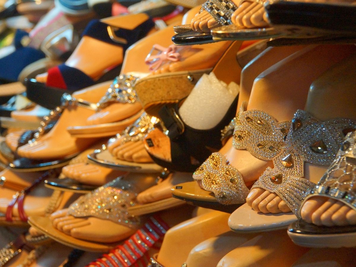 A glittering collection of footwear at a stall in the Siem Reap night market