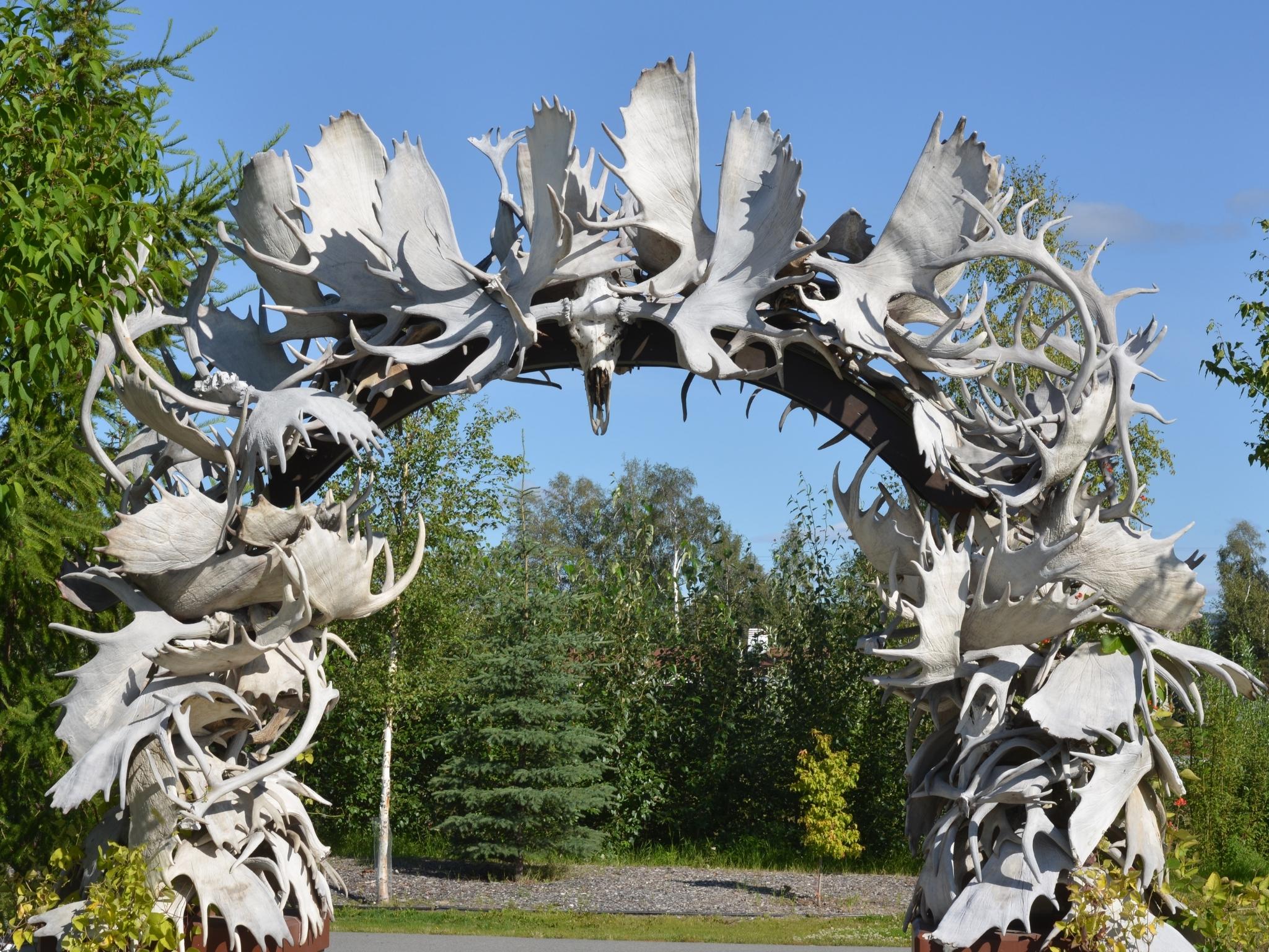 Visitor center entrance made of Moose and Caribou antlers in Fairbanks, Alaska