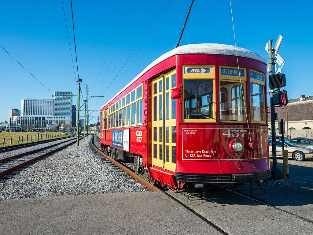 Streetcars are public transit in New Orleans.